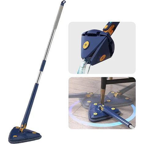 Balai de nettoyage télescopique triangulaire rotatif à 360° avec fonction d'essorage automatique, 2 lingettes de nettoyage, balai extensible en microfibre (bleu)