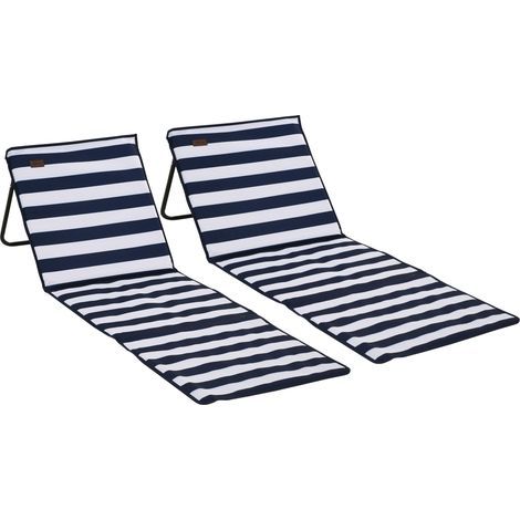 Lote de 2 alfombras de playa plegables y ajustables, con bolsa de transporte y bolsillo para revistas, en acero y tela Oxford azul y blanco. (1/5)