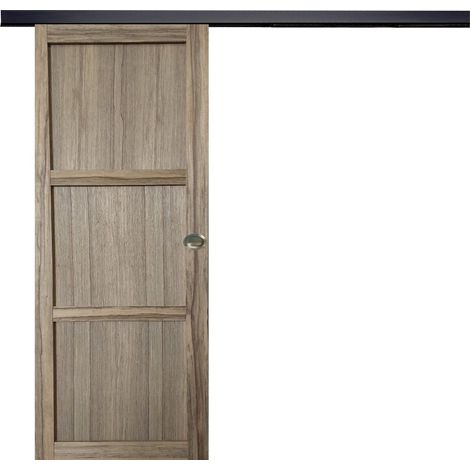Puerta corredera de madera Frake de 3 paneles H204 x L73 cm, riel de aluminio con banda negra, coquillas Gd menuiseries