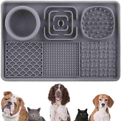 Gamelle pour chien, tapis d'alimentation lente en silicone, base à ventouse, soulage l'anxiété, fournit nourriture et eau (gris, taille unique) (1/5)