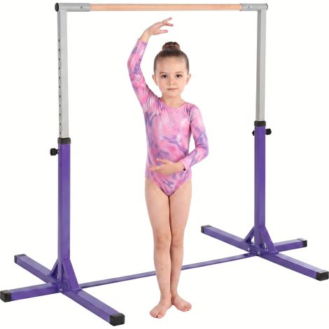 Beyamis Barre horizontale de gymnastique, barre de traction, réglable en 13 étapes, chargeable jusqu'à 75 kg, acier, bois de hêtre, violet (1/5)