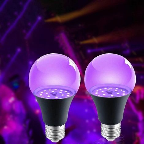 Deux ampoules LED E27 à lumière noire, A19 9W UV lumière noire, veilleuse UVA 395 nm, adaptées aux lumières noires, aux soirées masquées, etc. (B) (1/5)