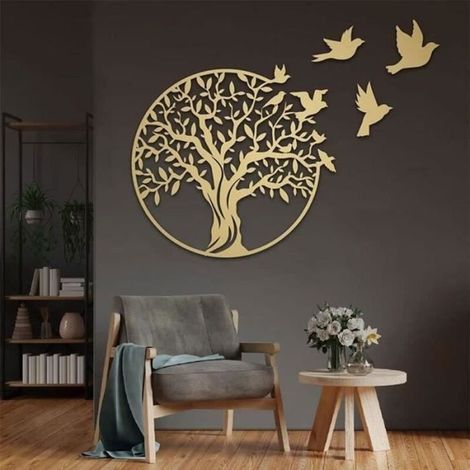 Décoration murale en métal arbre de vie 49cm  Ronde pour chambre  3 oiseaux décoratifs  Style contemporain (1/4)