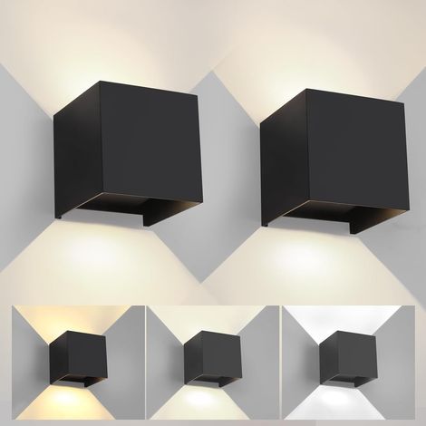 2 Pack Applique Murale Exterieur Interieur Lumière Réglable 3 Couleurs LED Lampe murale extérieures IP65 Étanche Moderne Noir 6W Applique carrée en aluminium Réglage de l'angle d'éclairage