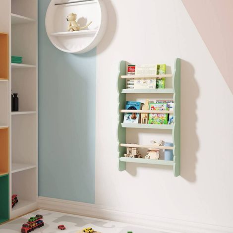 WOLTU Kinder Bücherregal Wandregal aus Kiefernholz E1 MDF mit 3 Ablagen grün (1/4)