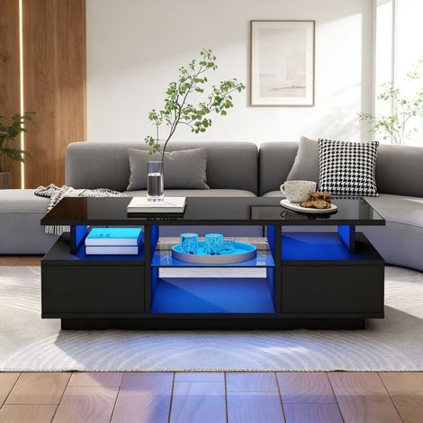 Couchtisch mit 2 Schubladen, hochglänzender LED-Beistelltisch, Couchtisch mit offenem Stauraum, Glastrennwand, Couchtisch, Sofatisch, Wohnzimmertisch, Schwarz , 100 x 50 x 36 cm
