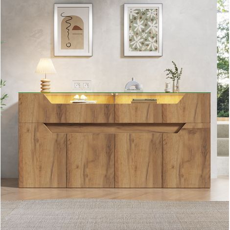 Sideboard 140 x 40 x 70 cm mit gehärteter Glasplatte, 2 Schubladen, Holzoptik natur HAVRYA (1/5)