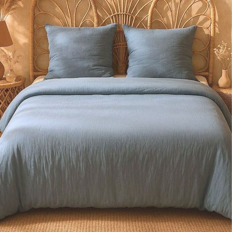 Parure housse de couette 240x220cm + 2 taies 100% gaze de microfibre uni bleu pétrole - NATHEA (1/4)