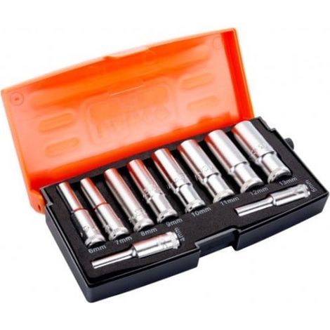 Bahco – Coffret de 10 douilles longues 1/4" 12 pans – Alliage d'acier haute performance – Finition mate – Normes ISO 1174 et DIN 3120