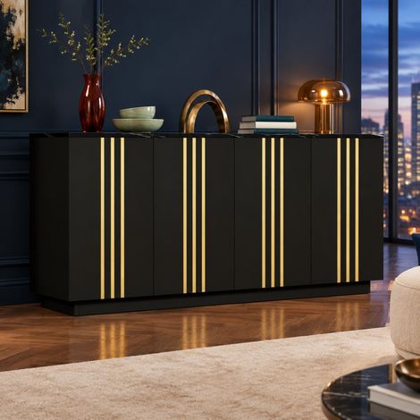 Buffet 35/140/70 cm noir à 4 portes, détails dorés et cloisons réglables (1/5)