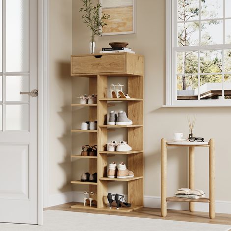 Meuble à chaussures moderne avec 1 tiroir et 10 compartiments, 55 x 33 x 133 cm, naturel (1/5)