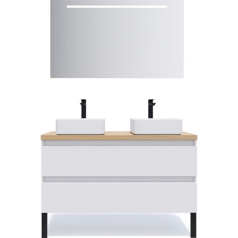 Meuble de salle de bain suspendu 2 vasques à poser 120cm 2 tiroirs Blanc + miroir - Hudson (1/5)