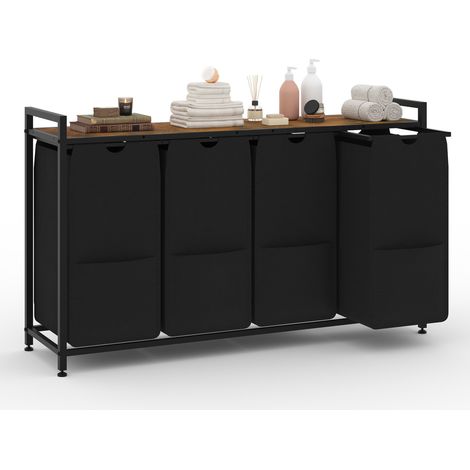 Trieur à linge 4 compartiments 194 L avec étagère - 4 sacs amovibles coulissants, plateau bois 100 lb, cadre fer - Pour buanderie/salle de bain/chambre - Noir, 4 tiroirs (1/5)