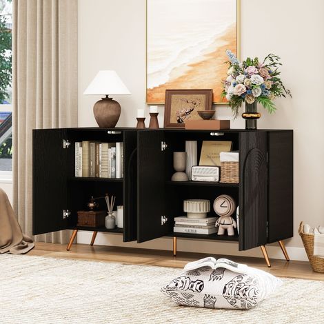Buffet milieu de siècle noir rainures 3D portes voûtées,bois ingénierie étagères réglables pieds métalliques dorés. (1/5)