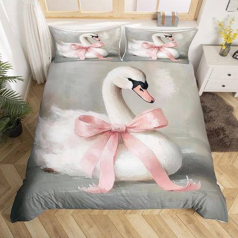 Housse de Couette 240 x 260 Ado Fille Cygne Vintage, Parure de Lit Cygne Classique pour Enfant Adulte, Sets de Housses de Couettes Rétro Peinture À l'huile, Couvre Lit Nœud Papillon Rose - 240x260cm + (1/5)
