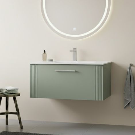 Nuie Deco Wall Hung 1-Drawer Vanity Unit with Basin-2 800mm Wide - Satin Green (1/5)