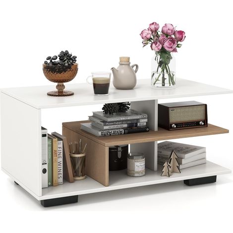 COSTWAY Tavolino da Caffè Rettangolare, Tavolo da Salotto Moderno con Mensola Centrale a Forma di L, Tavolino a 3 Livelli per Soggiorno, Sala di Ricevimento e Ufficio (Bianco) (1/5)