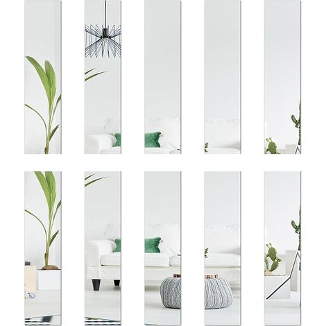 Lot de 10 miroirs en verre - 5 x 20 cm chacun - Carreaux de miroir - Décoration murale - Autocollants rectangulaires - Effet 3D - Miroir mural autocollant - Bricolage sans cadre - Argenté (1/5)