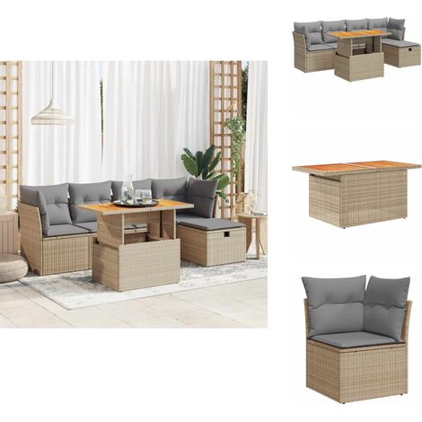 6-tlg. Garten-Sofagarnitur mit Kissen Beige Poly Rattan Akazie - Garten Sofagarnitur - Garten Sofagarnituren - Outdoor Sofagarnitur - Sofagarnitur Terrasse (1/5)