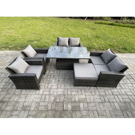 Fimous Rattan Garden Furniture Sets 7 Seater Patio Outdoor Rising Lifting Table Sofa Set with Double Seat Sofa Big Footstool Dark Grey Mixed (1/5)