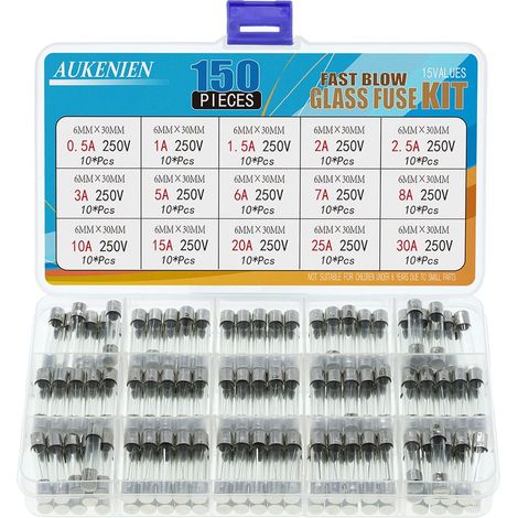 15 Valeurs 150 Pièces 250V 6x30mm Fusible Verre 0,5A 1A 1,5A 2A 2,5A 3A 5A 6A 7A 8A 10A 15A 20A 25A 30A Ampère Kit D'assortiment de Fusibles en Voiture à Fusion Rapide pour Électroménager (1/5)