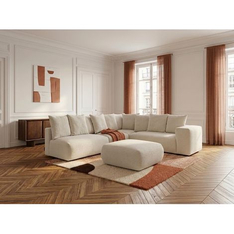 BOBOCHIC - Canapé d'angle fixe modulable VOLTAIRE avec 2 chauffeuses 2 places, 1 angle et 1 chauffeuse 1 place tissu chiné avec pouf Angle droit Blanc (1/5)