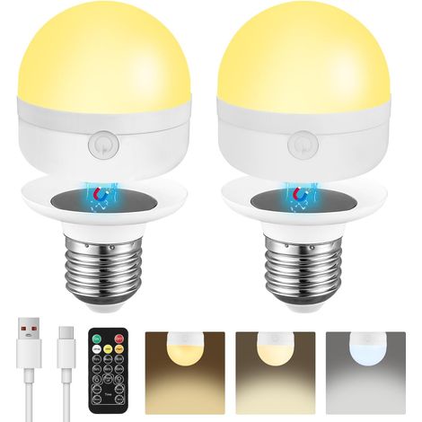 Set di 2 lampadine LED ricaricabili tramite USB con telecomando, attacco E27, 3 colori, dimmerabili, con batteria, controllo tramite pulsante, batteria dimmerabile, con funzione (1/5)