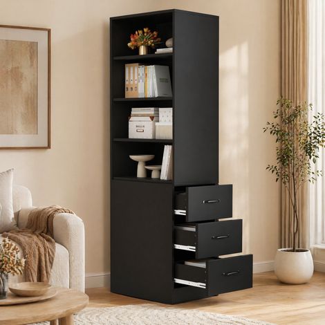 Libreria 60 x 38 x 180 cm con cassetti laterali, ripiani regolabili, nera HAVRYA (1/5)
