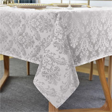 Nappe rectangulaire damassée Grise - 132 x 182 cm - Motif Jacquard - Infroissable - Imperméable - en Polyester Doux - pour Table de Cuisine et de fête (1/5)