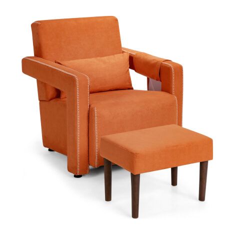 Suede Fabric Armchair Single Sofa & Footstool Set w/ Waist Pillow (1/3)