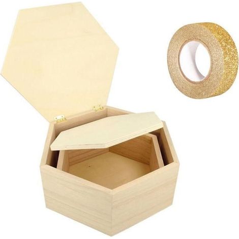 2 boîtes bois hexagonales + masking tape doré à paillettes 5 m