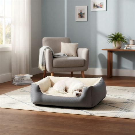 Panier pour Chien, Coussin Réversible et Lavable, Bords Surélevés, 70 x 55 x 21 cm, Gris et Beige (1/5)