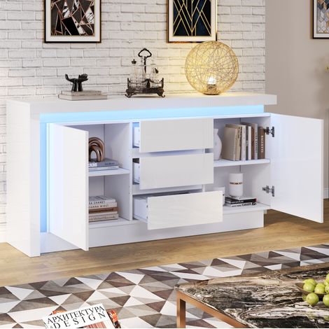 Buffet 140x35x72 cm blanc en panneaux de particules avec LED, 2 portes, 3 tiroirs et étagères réglables (1/5)