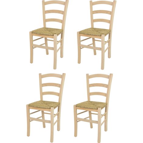 T M C S – Set de 4 chaises Venice en bois de hêtre poli – Assise en paille – Hauteur d'assise 48 cm – Pour cuisine et salle à manger