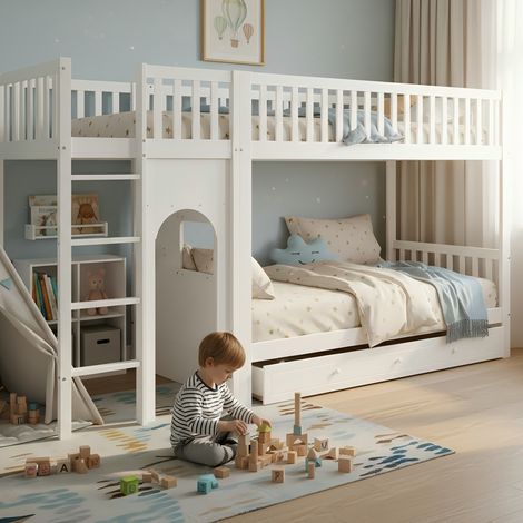 Lit superposé enfant 90x200 cm avec échelle droite 4 marches et garde-corps, bois, blanc (1/5)