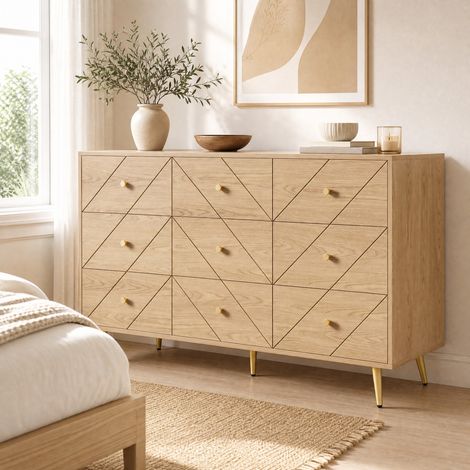 Kommode mit 9 Schubladen 120 x 39 x 80 cm, Spanplatte, Eisenbeine, Holzoptik HAVRYA (1/5)
