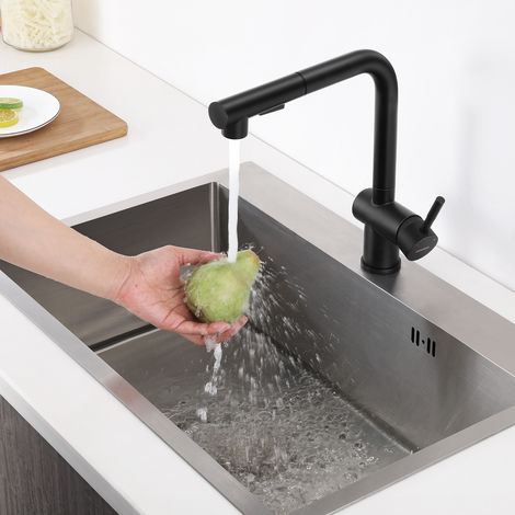 Hochdruck Küchenarmatur Ausziehbarer Schwarz, Wasserhahn Küche aus Edelstahl, Ausziehbar Spültischarmatur Einhebelmischer, Bleifrei und Nickelfrei (1/5)