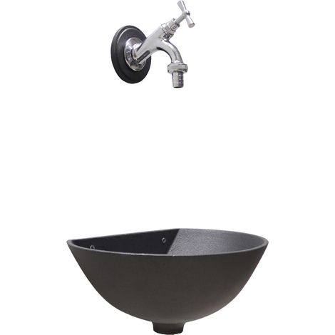 Fontana a muro modello 600 a parete grigio ghisa casa giardino balcone con rubinetto ottone cromato 303C (1/3)