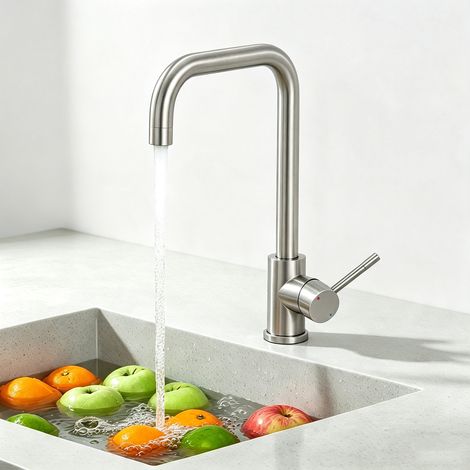 CECIPA MAX Mitigeur de cuisine en acier inoxydable, bec pivotant à 360°, robinet d'évier finition brossée, forme en L