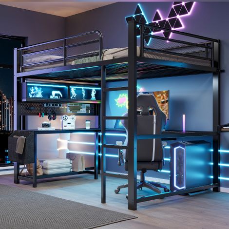 ModernLuxe - Lit mezzanine en métal 140x200 cm - bureau et rangements - LED et port de chargement - Noir (1/5)