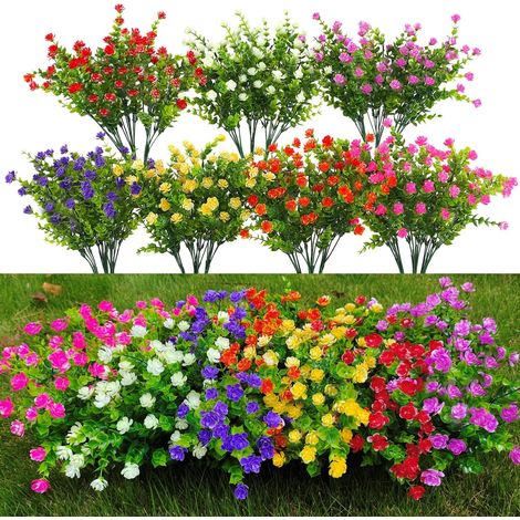 21 lots de plantes artificielles d'extérieur résistantes aux UV, arbustes artificiels, fleurs artificielles en plastique, fausses plantes d'extérieur pour la décoration de la maison et du jardin (7 co (1/5)