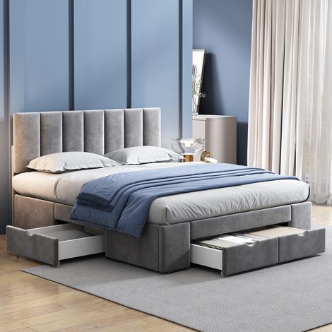 CHICFURN Cama 140x200 cm de terciopelo gris con somier, 4 cajones y cabecero (1/5)