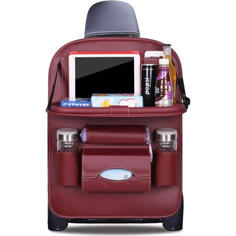 MINKUROW Auto-Organizer Rückenlehnenschutz Luxus Pu-Leder Autositzschutz mit faltbarer Tablet-Halterung Wasserdichter Rückenlehnenschutz Rückenlehnentasche für Kinder (Dunkelrot - 1 Packung) (1/4)
