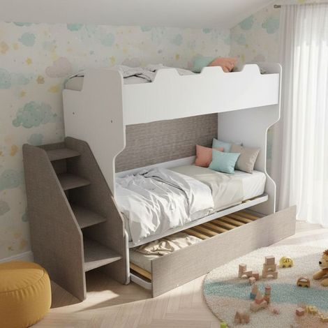 Letto a castello salvaspazio con terzo letto estraibile e scala laterale - Ideale per camerette - Bianco e Fumo