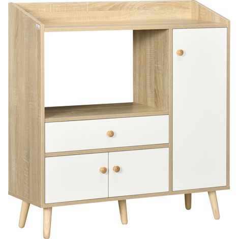 Buffet de placard de cuisine pour micro-ondes avec 2 placards et tiroir, 90x30x94cm, MDF, couleur bois et blanc (1/5)