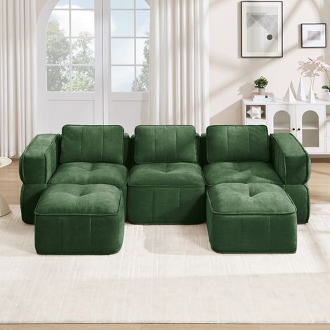 Canapé modulaire en U 3 places, canapé d'angle sans cadre avec 2 poufs, canapé nuage en polyester, mousse haute densité 32D, assise profonde antidérapante, sans montage, 271 x 162 x 67 cm, Vert