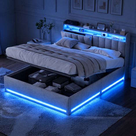 JOOKGBD-Polsterbett Doppelbett 160x200 cm,Hydraulisches Bett mit Bettkasten und Lattenrost,Jugendbett,Staufach-Kopfteil mit LED und USB Ladestation, Stauraumbett Funktionsbett,Samt,Ohne Matratze,Grau (1/5)