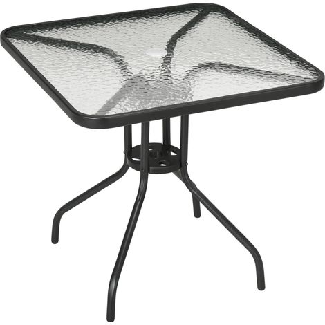 Table de jardin carrée métal démontable 76×76 cm, noire, résistante aux intempéries, trou parasol, antidérapante. Pour buffet, camping, jardin, terrasse, balcon.