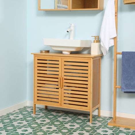 Meuble sous-évier Kleankin en bambou naturel, sur pied, avec 2 portes, 66 x 29 x 61,5 cm (1/5)