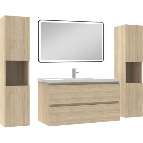 Acezanble Meubles Salle de Bain 100cm avec colonne + miroir lumineux 3 couleurs + dimmable Chêne Wotan